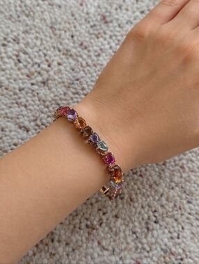 Gold-tone Multicolor Gemstone Tennis Bracelet - Women Jewelry